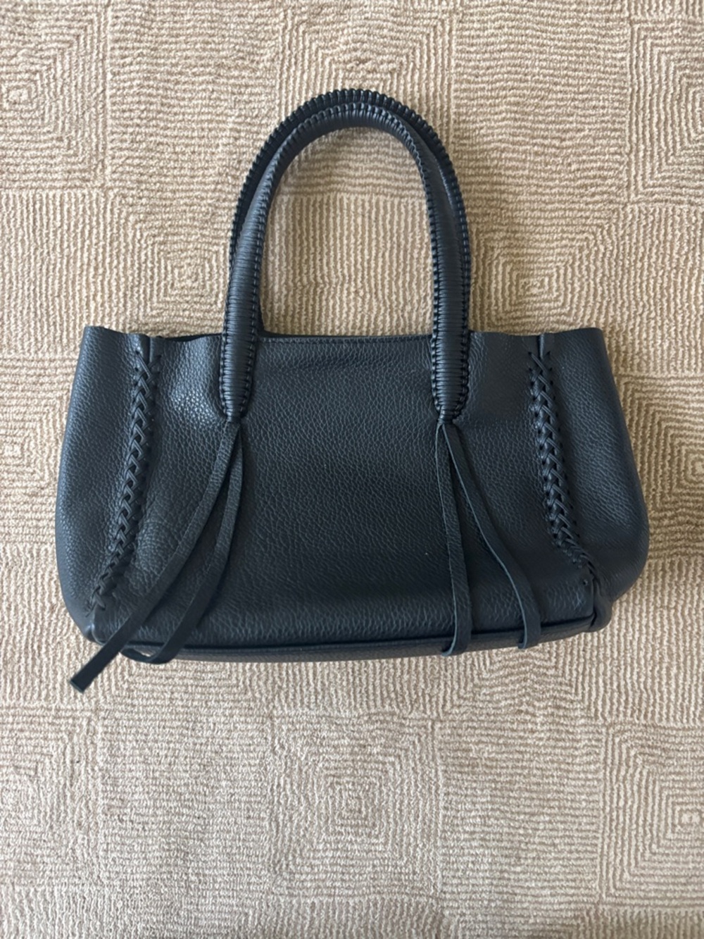 Handwoven Detail Black Leather Tote